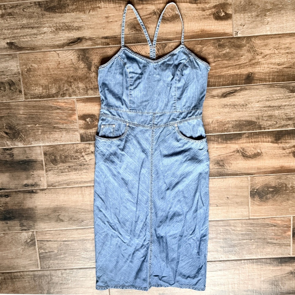 Faded Glory Vintage Women's V-Neck Spaghetti Strap Denim Midi Dress, Blue, 14